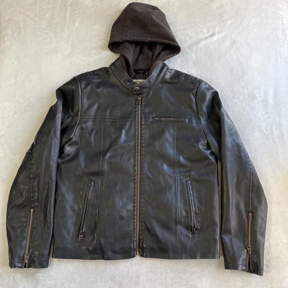 Levi's Jacket Mens Medium Black Faux Leather Hooded Motorcycle Full Zip Lined